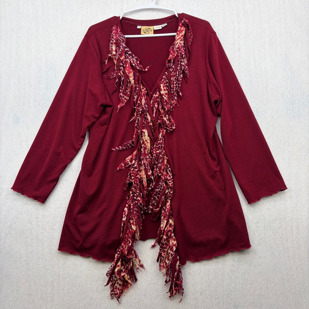 Solei Women Burgundy Open Front Cardigan Leopard Ruffle Trim Medium Boho Top